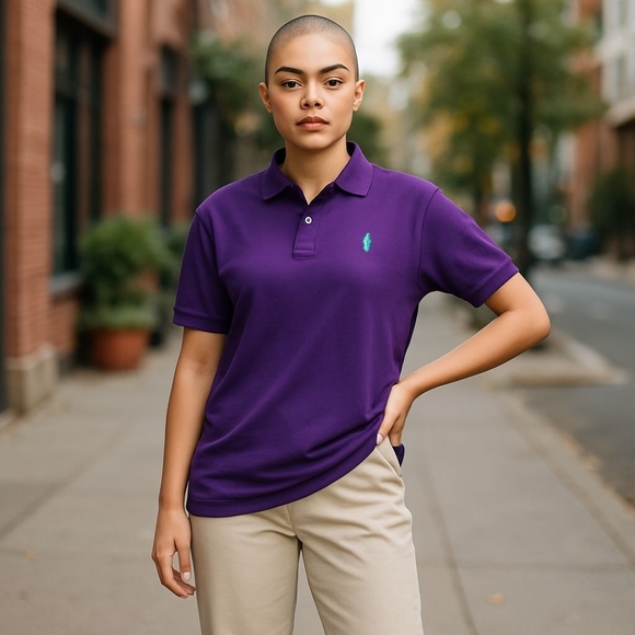 US Polo Assn Ladies Top Size Medium Orange And Purple Gently Used Short Sleeves - Picture 1 of 7